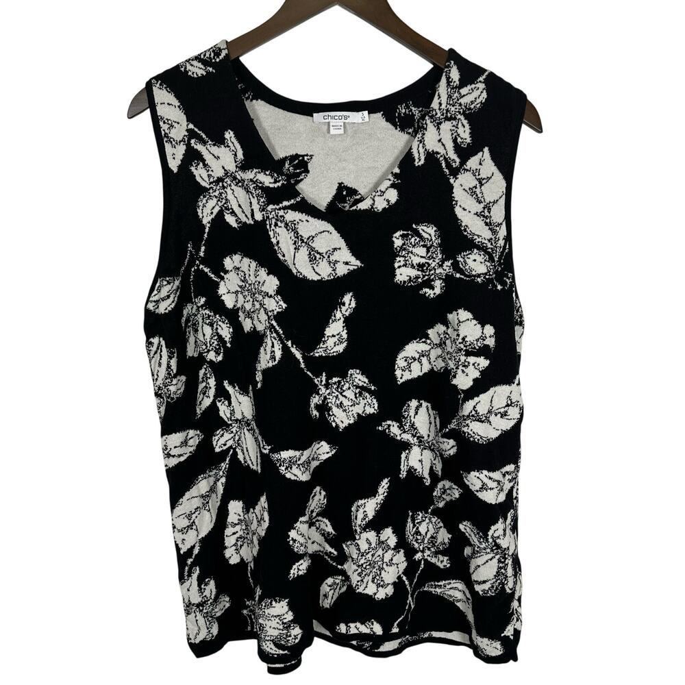 Chico's Black White Floral Sleeveless V-neck Sweater Tank Sz 3 US XL Office